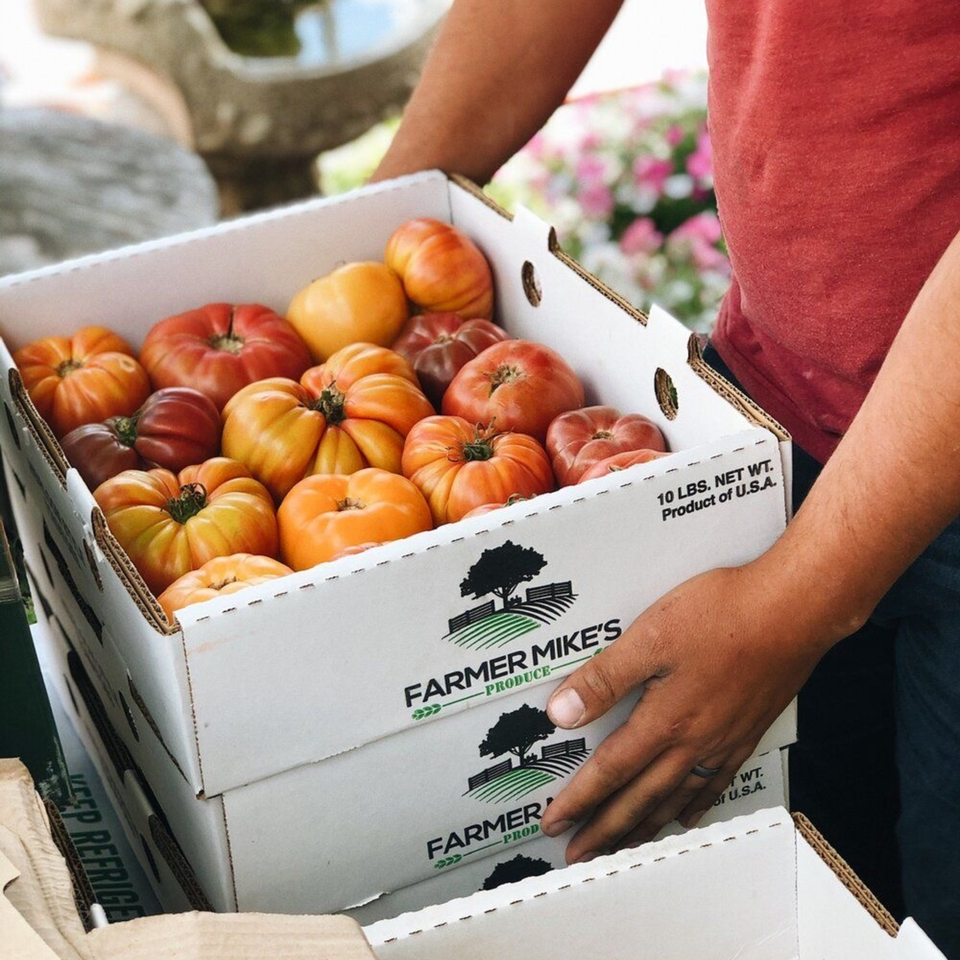 Hands holding a box of fresh, colorful heirloom tomatoes from Farmer Mike's Produce.