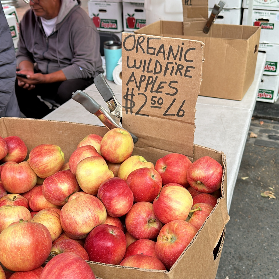 A cardboard box filled with red and yellow organic wildfire apples, with a price sign.